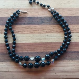Jet Black Beaded Double Strand w/ Aurora Borealis Made in Japan Choker Necklace